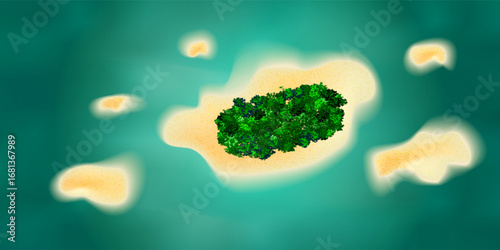 Tropical island with green trees in the middle of ocean top view. Vacation bg with turquoise water and sandy coastline. Drone flying high above of idyllic uninhabited beach. Vector illustration