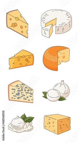 A delicious assortment of various cheeses presented in a vertical arrangement showing different textures and forms enjoyed by food enthusiasts
