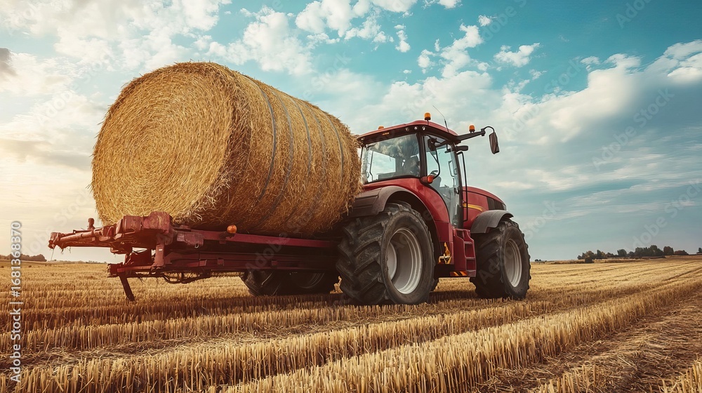 Obraz premium Round hay bales on rolling hills with farmhouse in rural amish farmland
