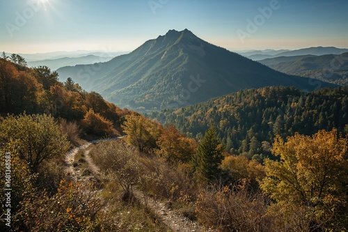 Scenic outlook from the hiking trail leading to the summit of Sniezka Mountain overlooking a lush valley