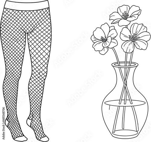 Buy fishnet stockings and flower vase outline vector design