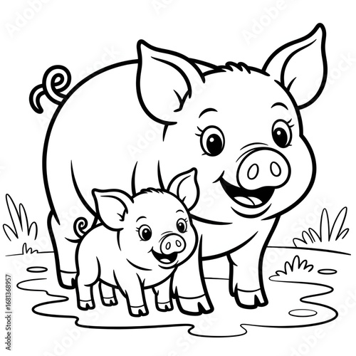 Pig with piglet illustration vector coloring page