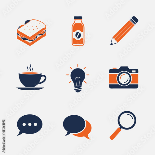  A duotone icon set for bloggers and content creators. Includes symbols for writing, ideas, photography, research, and social media communication, like chat bubbles and coffee.