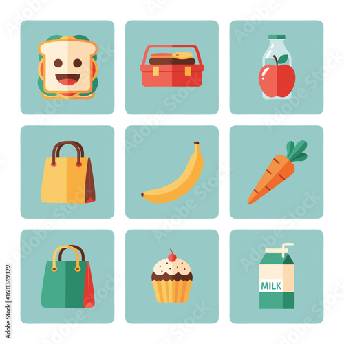 A set of clean, flat icons for a nutrition tracker or meal planning app. Includes essential food groups, drinks, and lunch bags, perfect for a modern health and wellness user interface.
