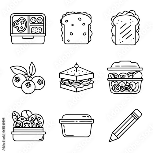A set of outline icons illustrating a balanced school lunch. Features a bento box with chicken, grilled sandwiches, salad, and fresh fruit. Perfect for nutrition and diet graphics.