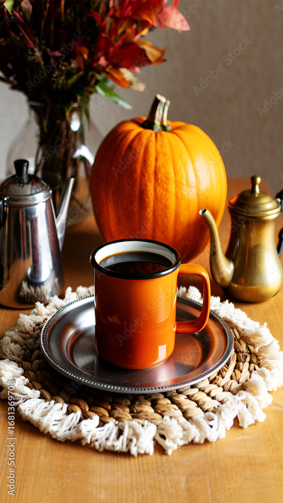 Fototapeta premium Autumnal still life with pumpkin coffee and floral arrangement fall