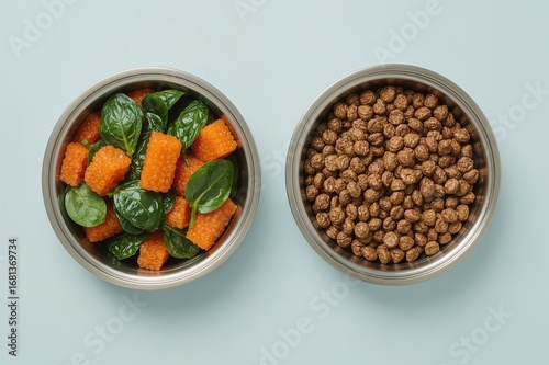 Two metallic pet bowls fill...