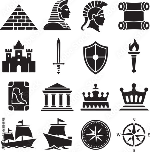 Historical and ancient symbols in black silhouette style Keywords: pyramid, sphinx, helmet