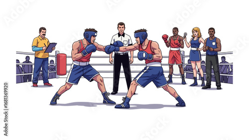 Boxers in action: Intense moment captured in an illustrated boxing match, showcasing skill, determination, and the essence of competition within a ring, with the referee and the supportive team.