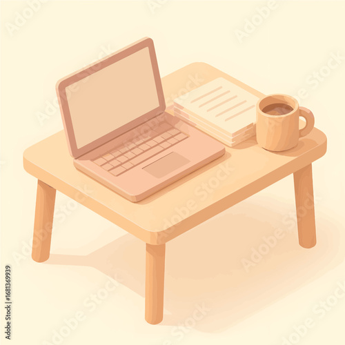 Isometric illustration of a light-colored wooden table featuring a laptop, a stack of papers, and a mug of coffee.