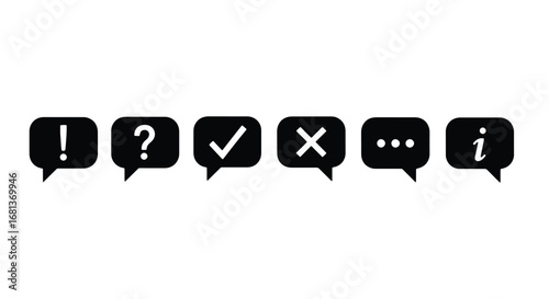 Set of six speech bubbles with icons exclamation question check mark cross ellipsis info