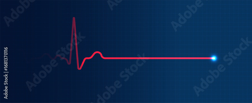 Glowing heartbeat flatline on dark monitor background, symbolizing medical emergency, cardiology, hospital, health, and patient diagnosis.