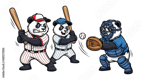 Panda Baseball Showdown: Three panda-athletes, each brimming with competitive spirit, are engaged in a dynamic game of baseball, creating a humorous, animated sports scene.