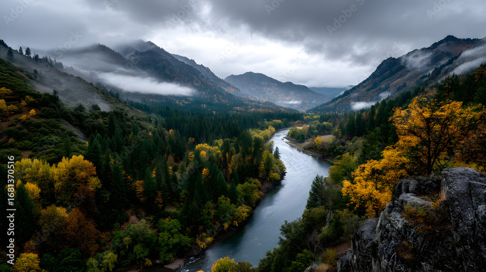 Fototapeta premium A panoramic river view flowing through vibrant autum valleys, with misty mountins in the background and olden leaves in the foregrund.