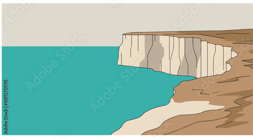 Cliffs rise above turquoise water, coastline stretching onward