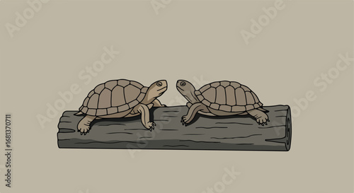 Turtles Resting on Log, cartoon reptiles relaxing in nature