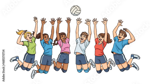 Volleyball action: a dynamic illustration capturing a team of six individuals in mid-air, reaching for a volleyball. The scene highlights unity, athleticism, and the energy of the game. 