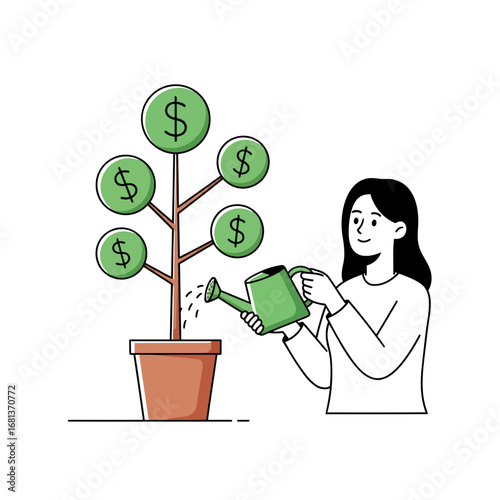A clean vector illustration of a woman cultivating her financial future. Great for representing personal finance, long-term savings, and the concept of nurturing wealth.