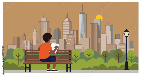 Person Drawing on Bench Overlooking Cityscape at Park During Golden Hour