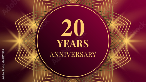 Elegant 20 years anniversary banner in burgundy gradient with golden mandala pattern, circular frame, and glowing light flares. Luxurious festive design for milestone celebration.