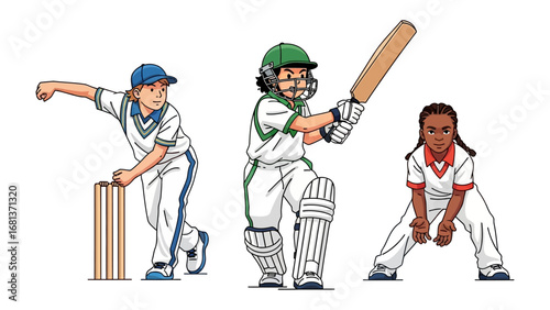 Cricket Players: Capturing the energy and focus of the players as they embody sportsmanship in a vibrant depiction, illustrated in dynamic postures.