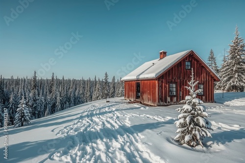 Vintage red wooden cabin on...