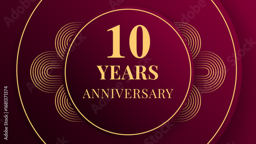 Vintage anniversary banner in burgundy gradient with golden contours, circular frame, and elegant shadows. Classic decorative design for 10 years celebration or festive event.