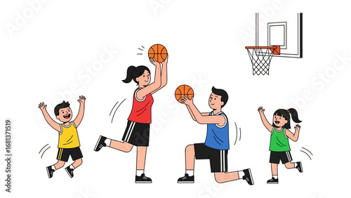Family Basketball Fun: Capture a joyful family moment with kids, as parents teach skills and participate in a basketball game together. This illustration embodies the values of teamwork, joy.