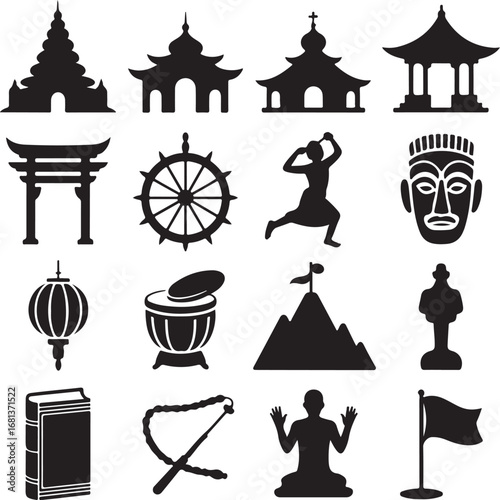 Cultural And Religious Icons With Temples Masks And Symbols culture religion