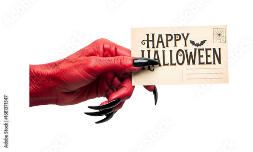 Postcard and Happy Halloween theme: red devil hand with black nails holding a paper card with the words Happy Halloween on a white isolated background in studio