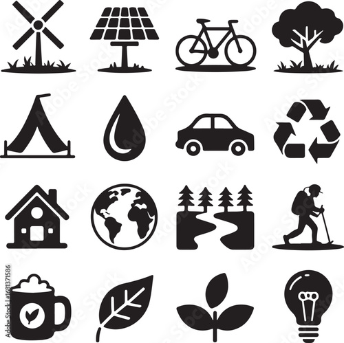 Eco friendly nature and lifestyle icons set for sustainability windmill solar panel