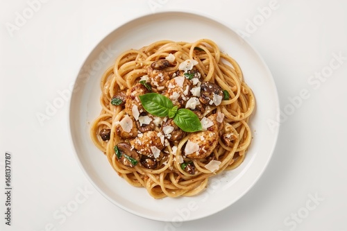 Top view of chicken pasta w...