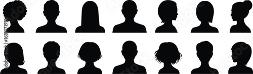 Silhouette hairstyle collection, diverse head profiles, gender-neutral haircuts, black vector heads, fashion design, character reference, hairstyle variety, editable icons
