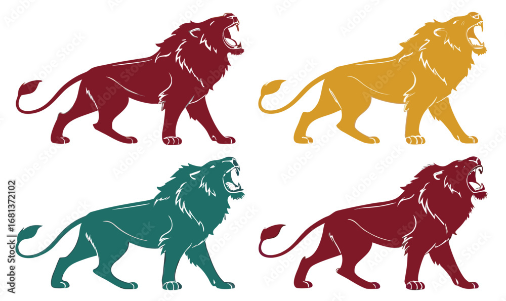 Obraz premium Four Roaring Lion Silhouettes: Bold, Stylized Vector Illustrations in Maroon, Gold, and Teal.