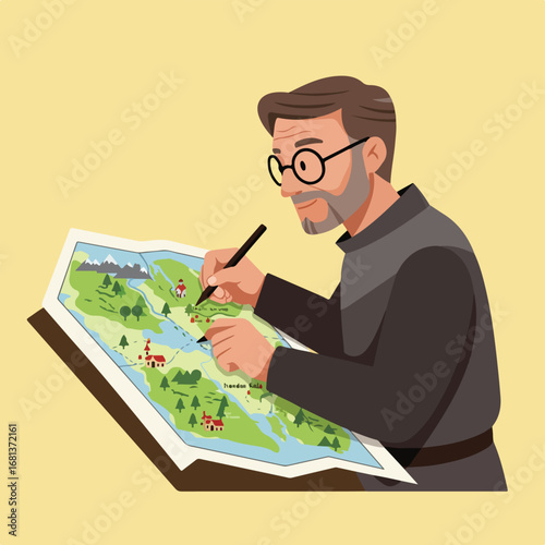 Man Tracing Route on Illustrated Fictional Map