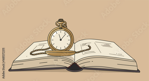 Pocket Watch Resting on Open Book in Study
