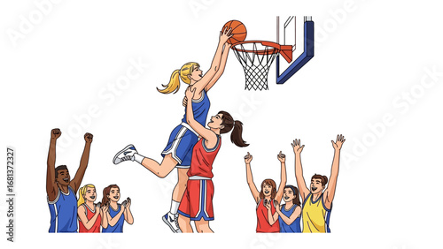 Slam Dunk Triumph: Capture the exhilaration of the game, the dynamic energy of a high-flying female basketball player executing a powerful slam dunk.