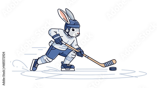 Hockey Bunny in Action: An illustration of a cartoon rabbit in hockey gear skillfully maneuvers the puck on the icy rink, showcasing dynamic movement and playful energy. 