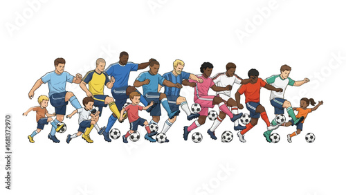 Soccer Players in Motion: A dynamic illustration captures the energy and diversity of a soccer team, with players of all ages and backgrounds showcasing their skill and passion for the game.