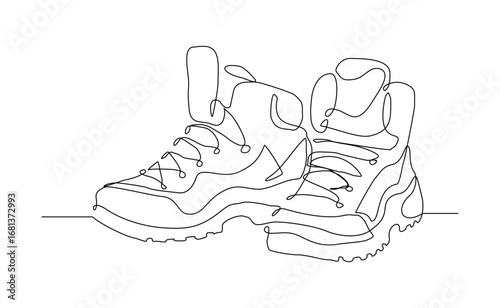Continuous line of man work or hiking boots. Single one line drawing editable stroke of safety hiking boots. Vector illustration