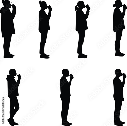 Silhouette people drinking coffee, casual lifestyle, beverage posture, black shadow figures, human activity, standing drinkers, social moment, minimalist design
