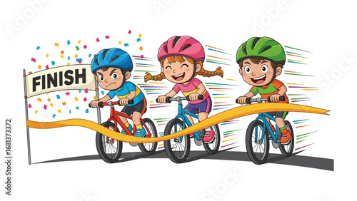 Triumphant Ride: Three young cyclists speed towards the finish line, their faces beaming with anticipation and joy, painted in a vivid illustration capturing the spirit of competition and camaraderie.