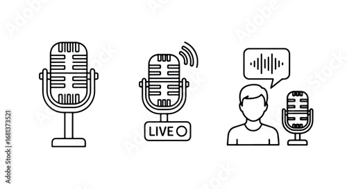 Icon set featuring microphones for podcasting recording and live broadcasting audio