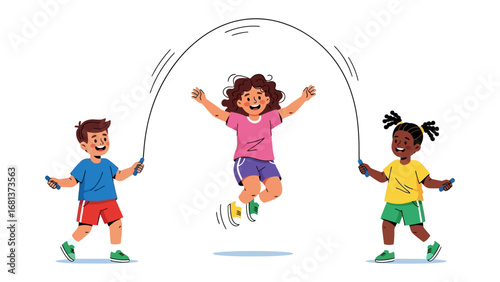 Joyful Jump: Capturing a moment of pure childhood glee, this image showcases three children happily skipping rope. 