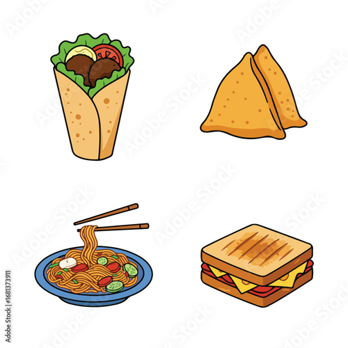 Cartoon rendering of a wrap sandwich, samosas, noodles and toast sandwich