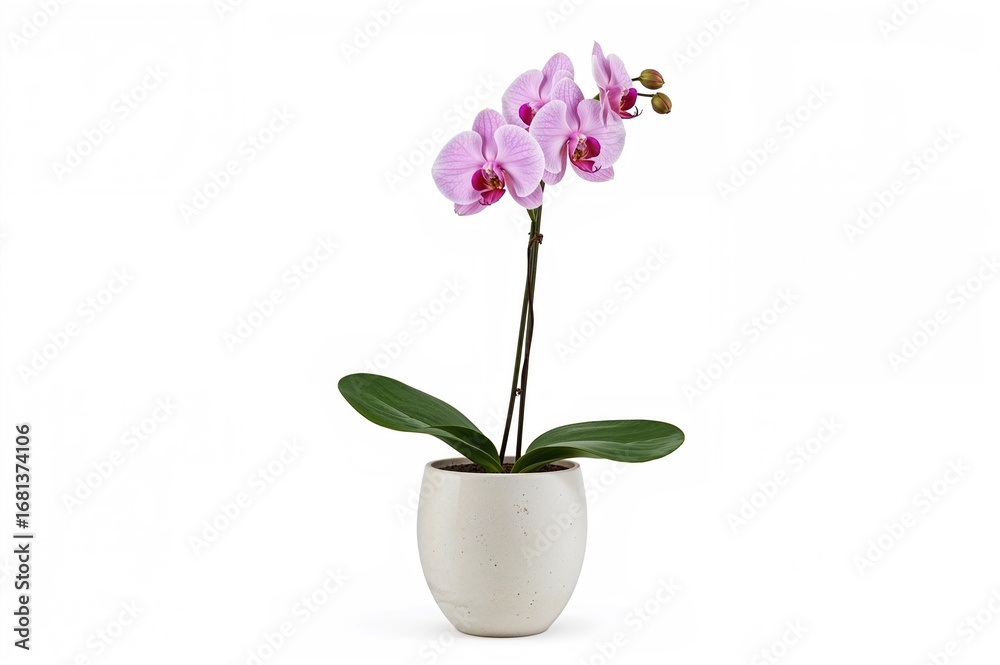 Naklejka premium Potted pink orchid flower with green leaves on a plain white backdrop