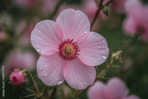 Raindrops on a blooming pink blossom