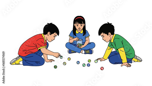 Children's marble game: Three children, engrossed in a game of marbles, demonstrate the joy of childhood play. Each one intently focuses on the colorful glass spheres scattered before them.