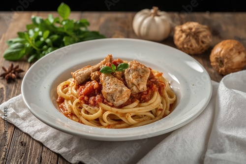 Chicken and pasta served wi...