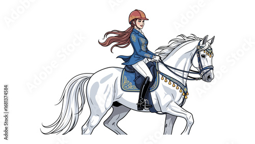 Equestrian Elegance: A graceful illustration captures a poised equestrian riding a majestic white horse, exemplifying the art of horsemanship with a vibrant depiction of the horse and rider.